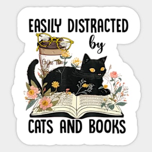 Easily Distracted By Cats And Books Reading 2023 Flower Cat Book Lover Sticker